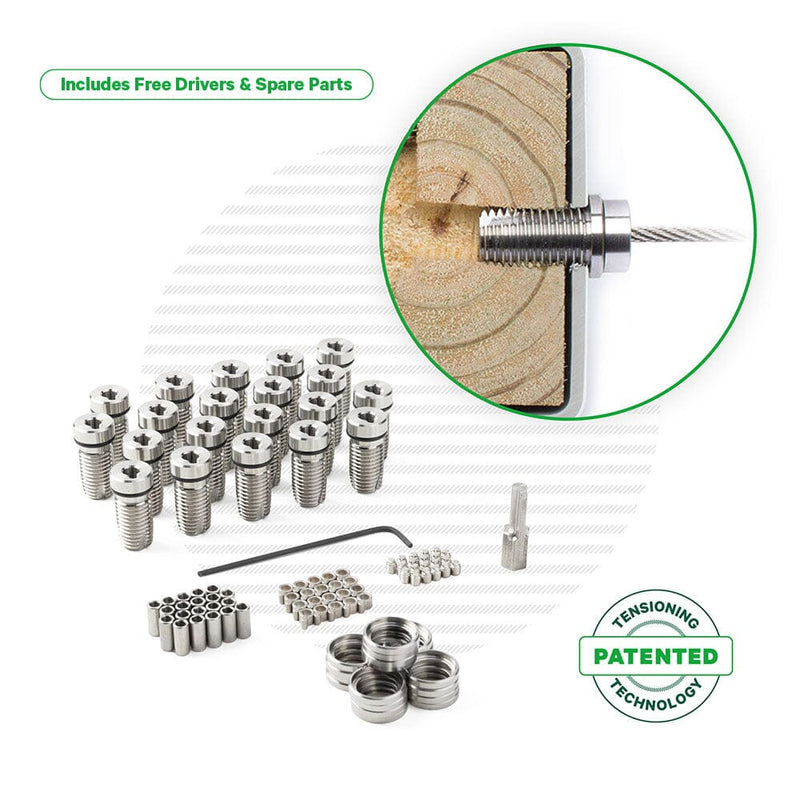 Cable Tensioner for Vinyl or Composite Post Sleeves Tensioners Cable Bullet Standard (1-1/2") 20 Tensioner Kits with Drivers 
